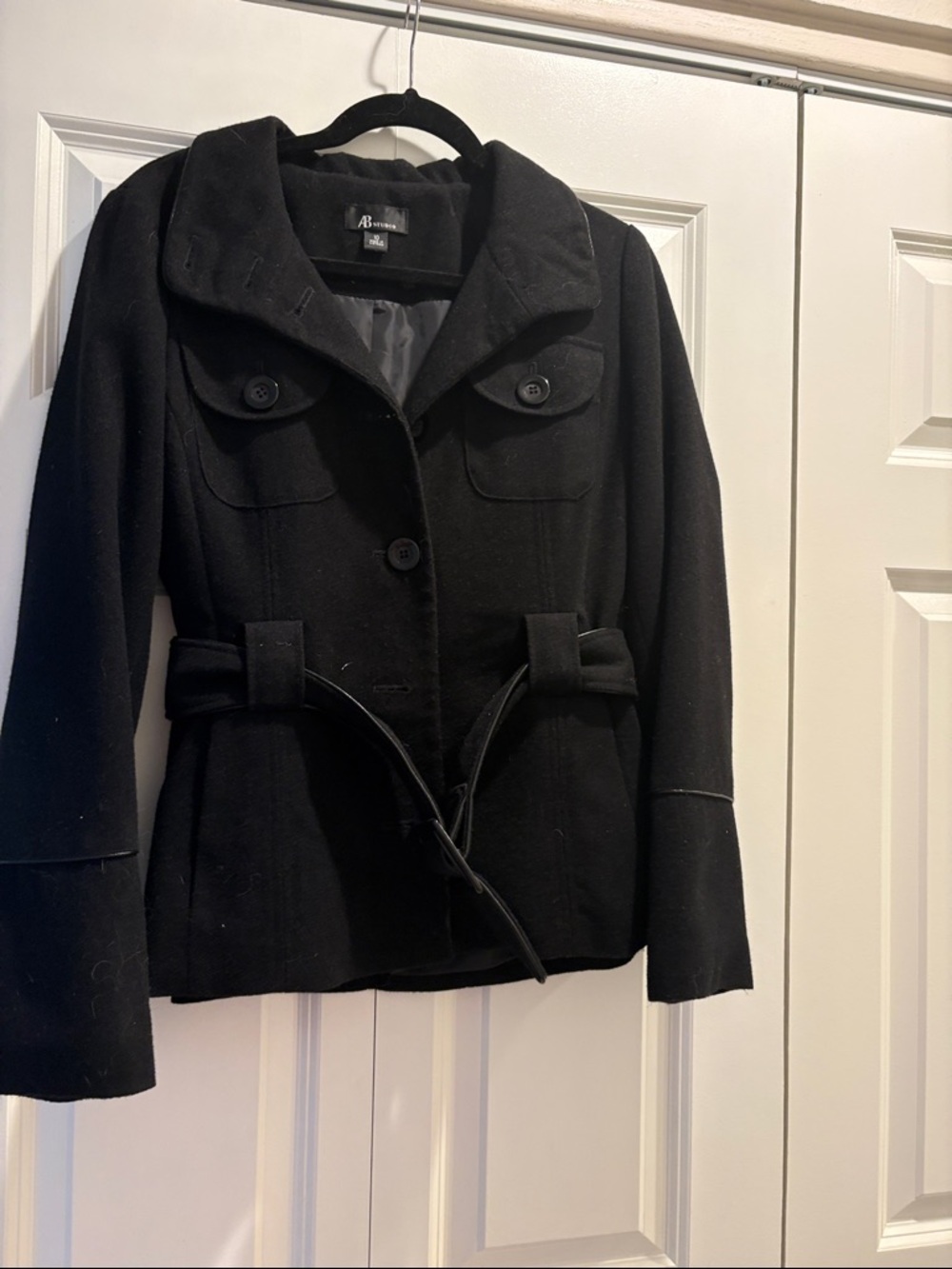 AB Studio Black Belted Wool Peacoat